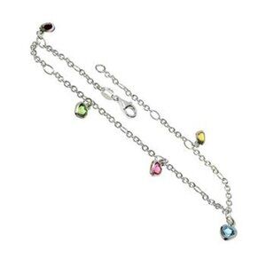 Sterling Silver Multi Color Austria Crystal Dangle Heart Anklet